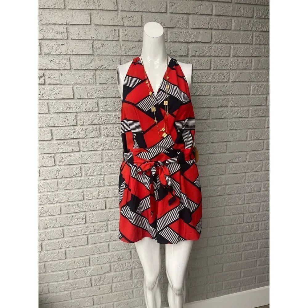 Feel In Los Angeles Women Red Multicolored Halter Romper Size L NWT